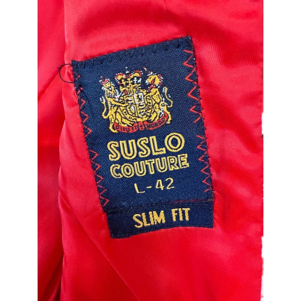 Suslo Couture Mens Red Santa Claus Print Slim Fit Blazer Jacket Size L 42 Kitsch